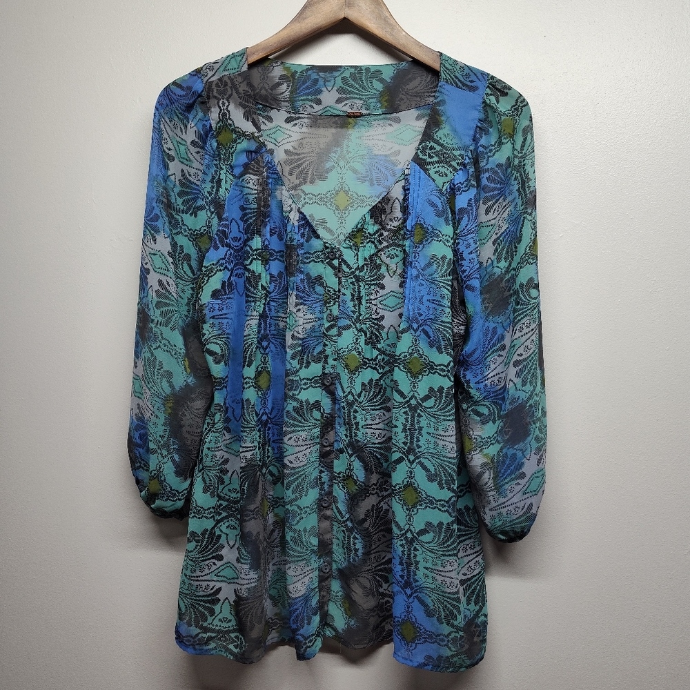 Free People Tunic Top Women Size S Blue Green V-Neck 3/4 Sleeve Sheer Boho Chic